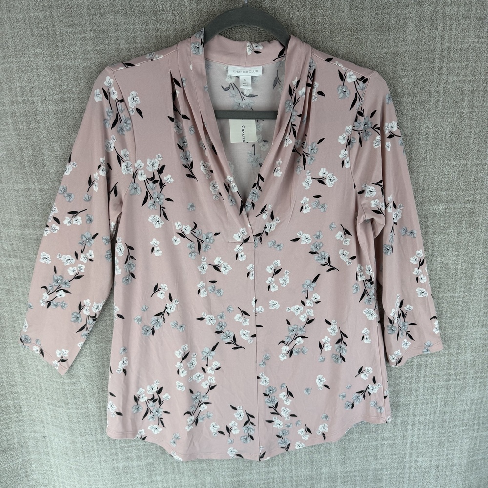 Charter Club Blouse Womens S Pink Tunic V-Neck 3/4 Sleeve Stretch Hawaiian